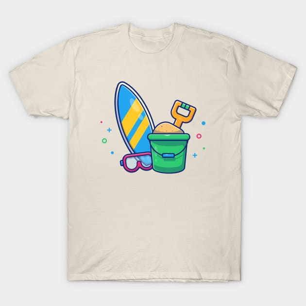 Surfboard, Snorkel sand And Bucket Cartoon T-Shirt by Catalyst Labs